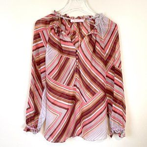 Robert Graham Blouse P S Silk Sheer Long Sleeve Ruffle Hem Pink White Top